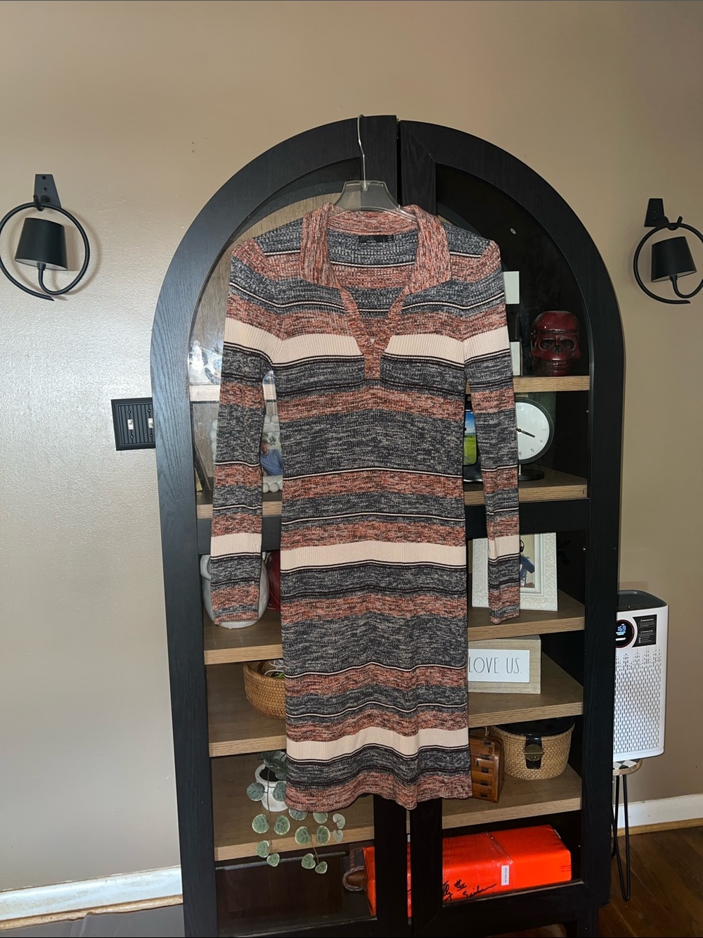 Prana Striped V-Notch Long Sleeve Knit Dress in Peach, Charcoal, and Cream EUC L